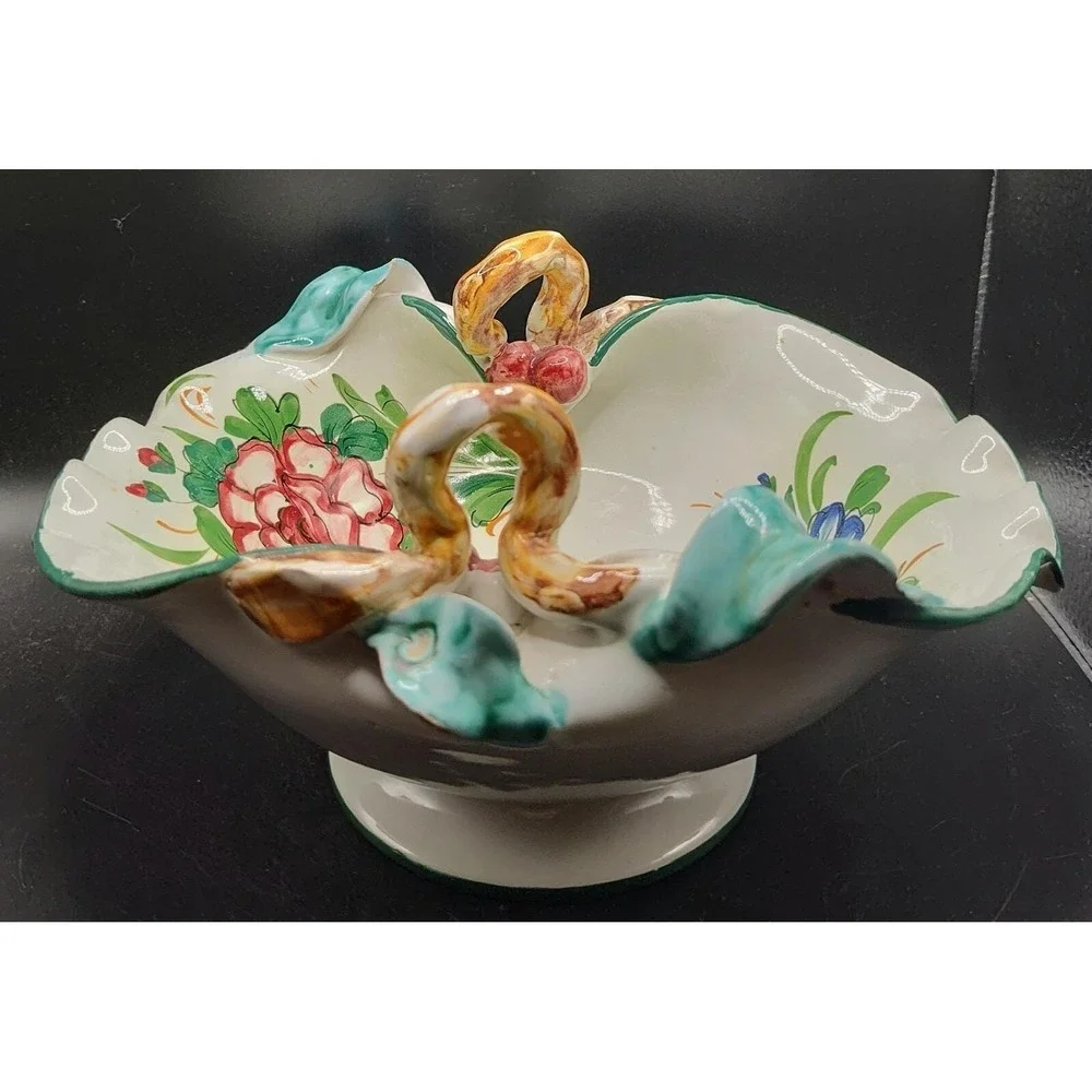 Vintage Italian Pottery Ceramic Basket Hand Painted Floral Flowers 9.5